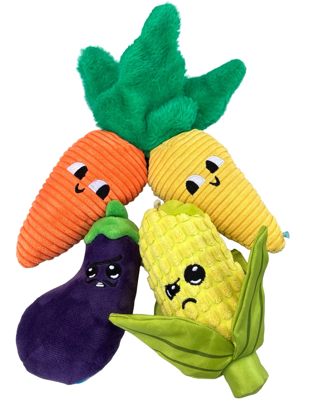 Bark Box Roots Crew Carrots & Double Trouble Veggies Egg Plant Corn M/L Dog Toys